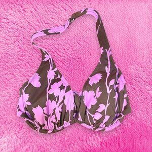Pink Floral Brown Halter Bikini
